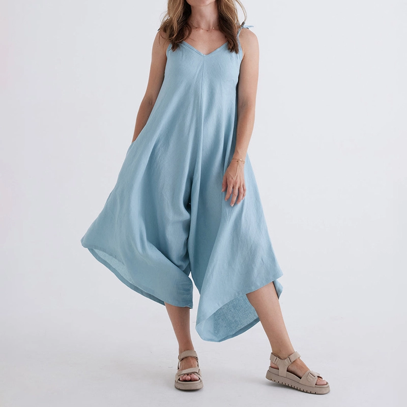 Blue Daily New Sleeveless Strap Breathable Pure Linen Jumpsuit for Women 1