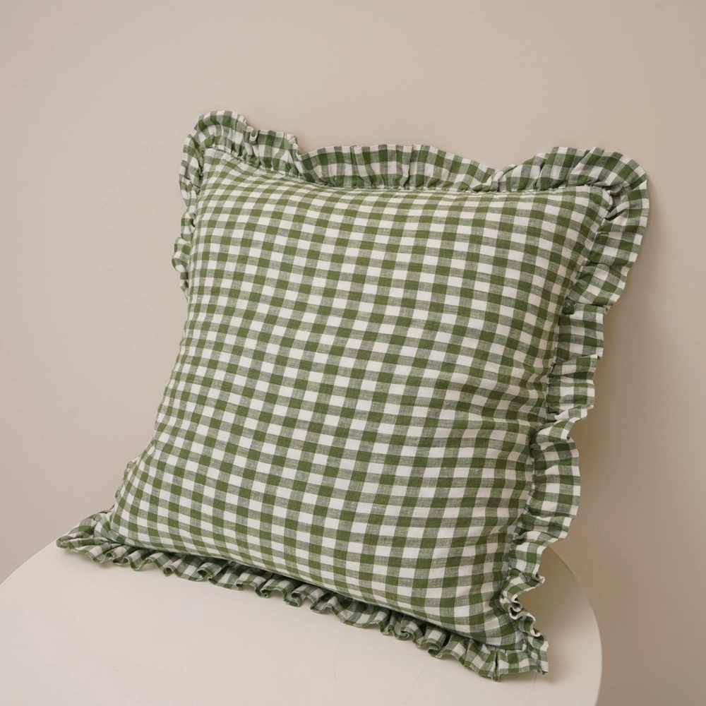 Custom Gingham Pillow Cover French Linen Fabric Zipper Ruffle Cushion Cover for Living Room 1