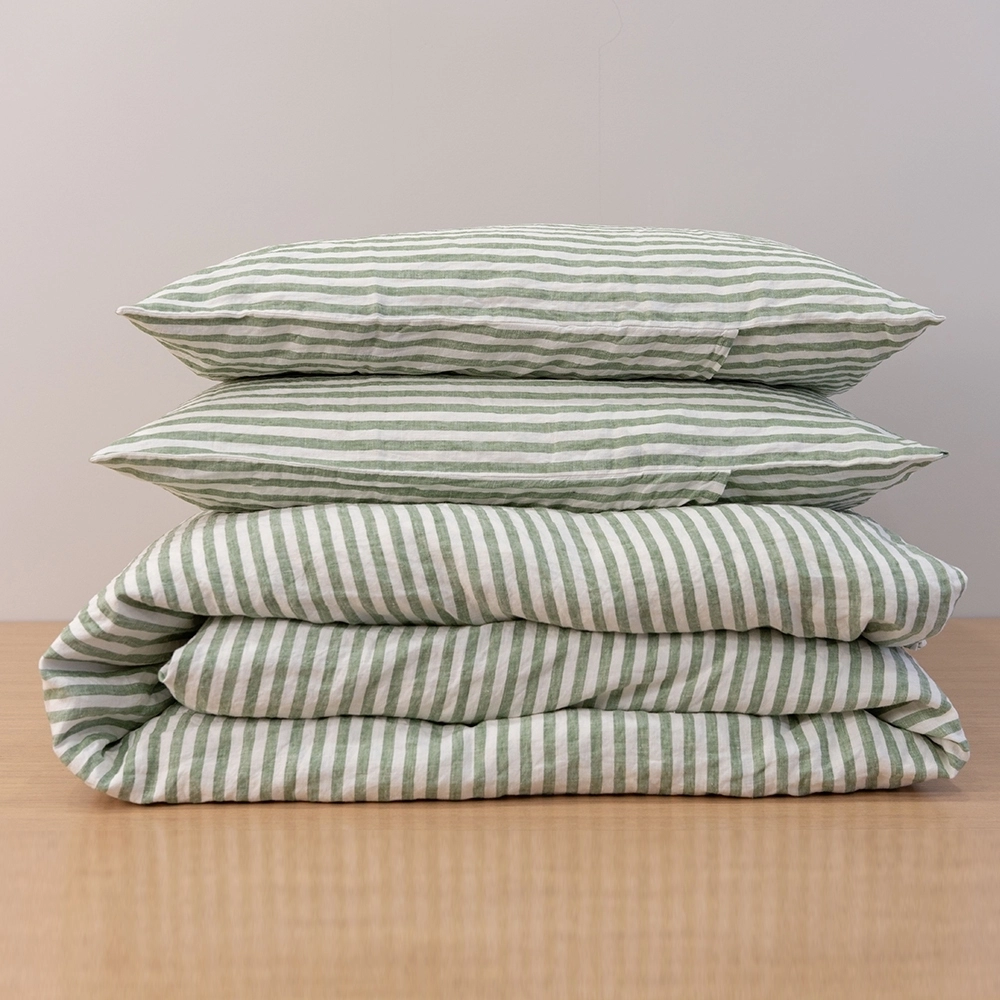 Suppliers Custom Ivy Green Stripe Modern Style Bedding 100% flax Linen Duvet Cover Set 1
