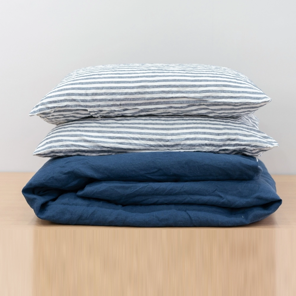 Blue Stripes Queen king Flax French 100% Linen Duvet Cover Set with Pillow 1