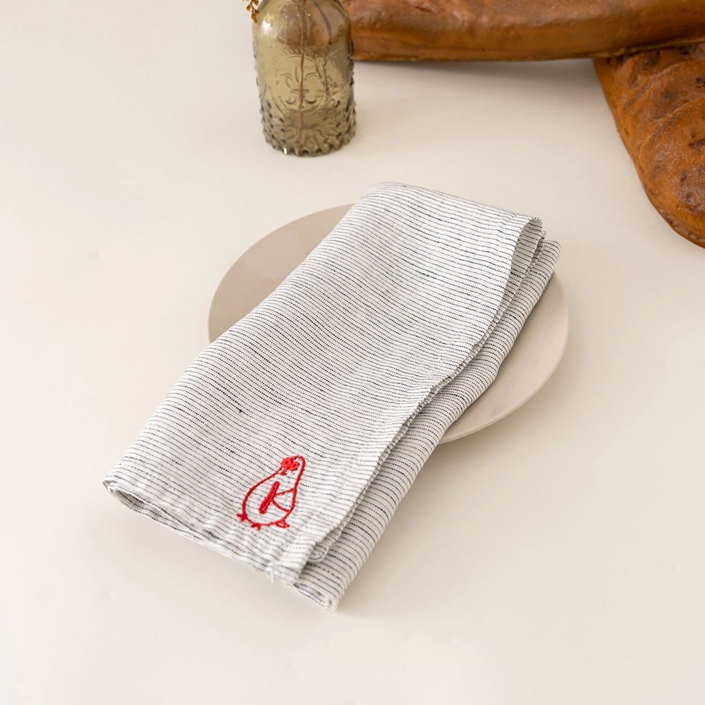 100% Organic Linen Thin Stripe Embroidery Cartoon Logo Napkin for Family Dinner 1