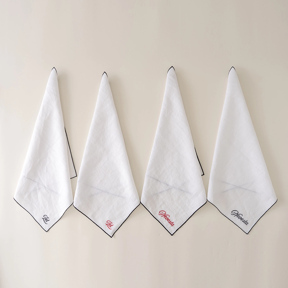 OEKO Home 100% French Linen Embroidery Logo Edge White Table Napkin for Gift 1