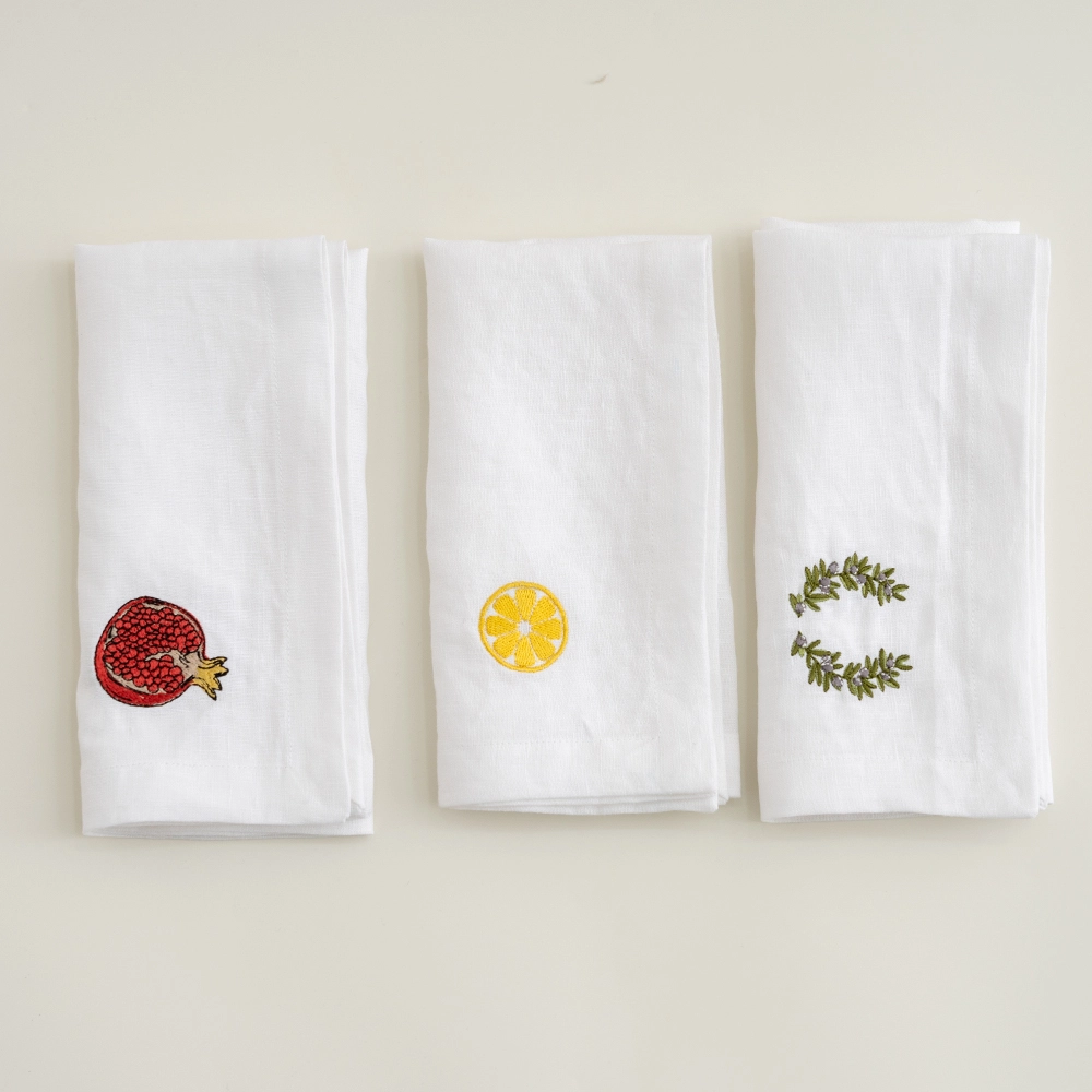 Custom Organic White Linen Embroidery Fruit Logo Rolled Hem Edge Table Napkin 1