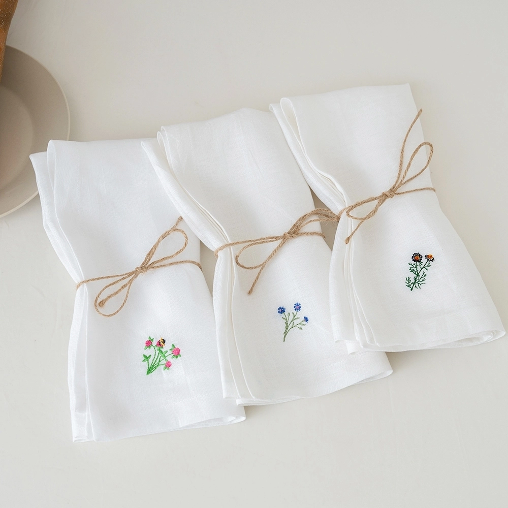 Floral Embroidery Logo Linen Handkerchief Classic Wedding Table Dinner Napkins for Home Use 1