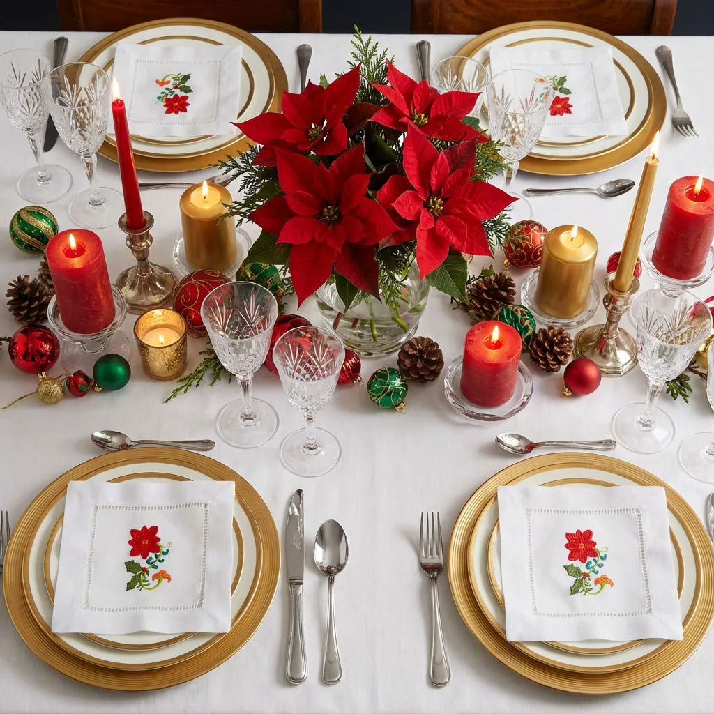 Christmas Banquet Dinner Embroidery Logo Dot Hemstitched Linen Table Napkin Placemat 1