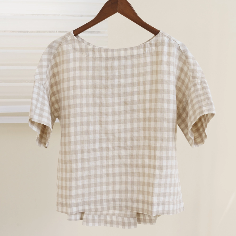 Custom Size Round Neck Loose Natural Plaid Stonewashed Soft Flax Linen Women Top Shirt 1
