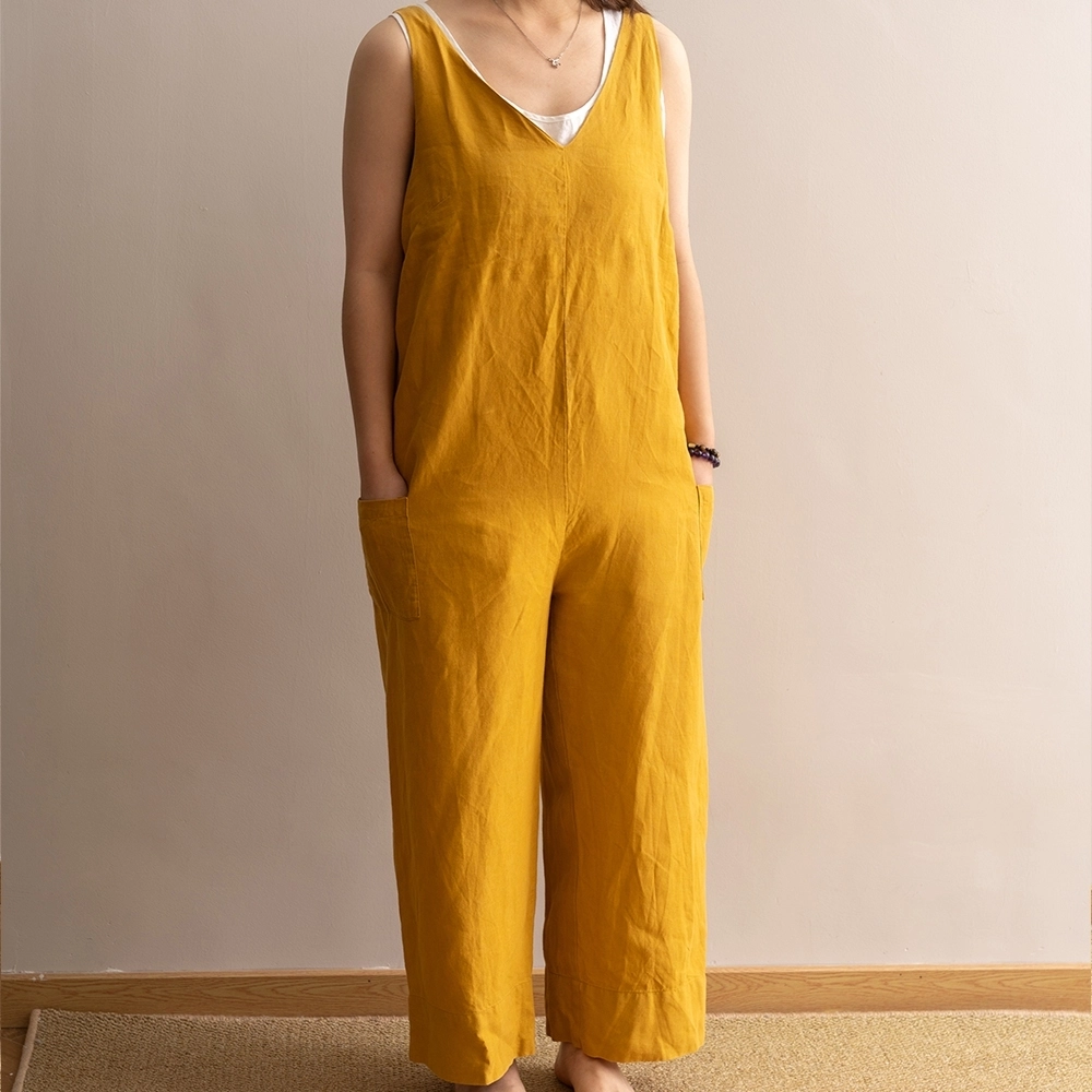 Custom V-Neck Sleeveless Breathable Pure Linen Women Casual Jumpsuit with Side Pocket 1