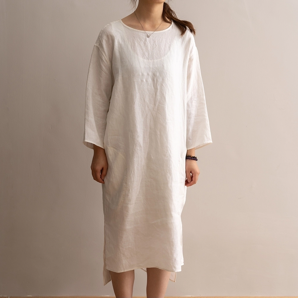 Long Sleeve Round Neck White Linen Women Straight Casual Dress With Side Pocket 1