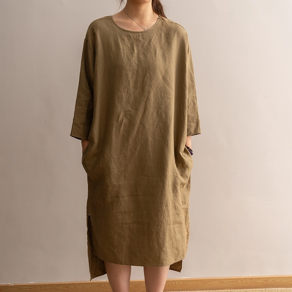 Long Sleeve Olive Green Flax Linen Knee Length Women Loose Casual Dress With Side Pocket 1