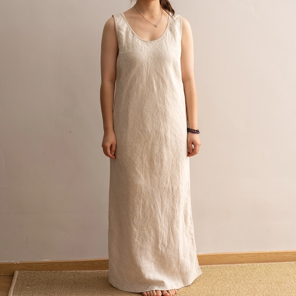 Organic Sleeveless Round Neck Linen Fabric Floor Length Women Loose Straight Dress 1