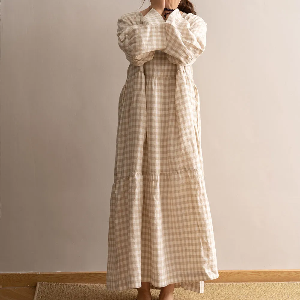 Custom Girls Pure Linen Vintage Style Long Sleeve Summer Gingham Dress With Ruffles 1