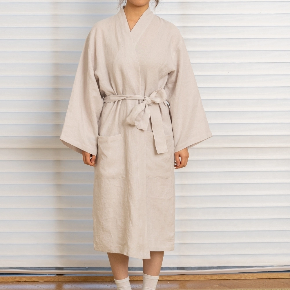 Casual Long Sleeve Midi Length Waist Strap Linen Bath Robe with Side Pocket 1
