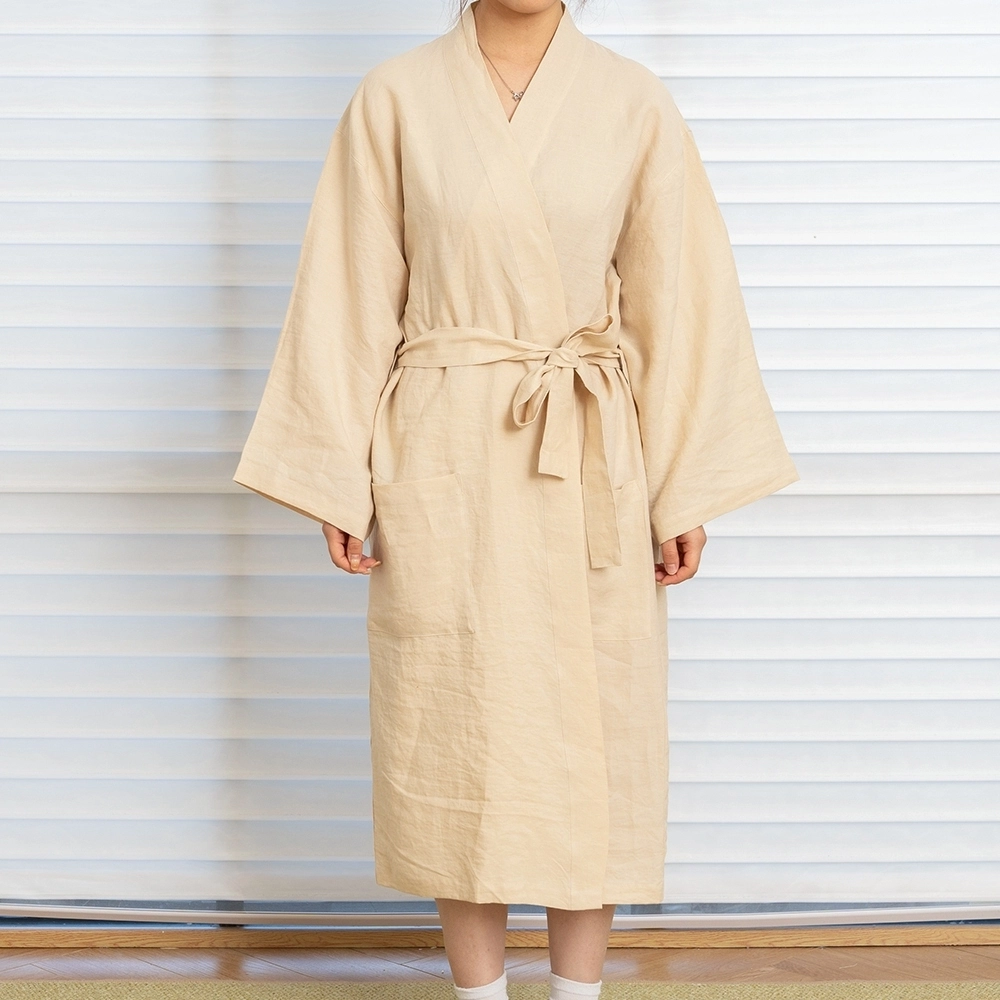 Custom Kimono Neck Midi Length Waist Strap Beige Flax Linen Bath Robe with Pocket 1