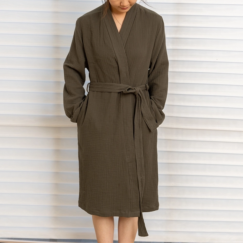 Olive Green V-Neck Knee Length Waist Strap Double-layer Cotton Gauze Bath Robe 1