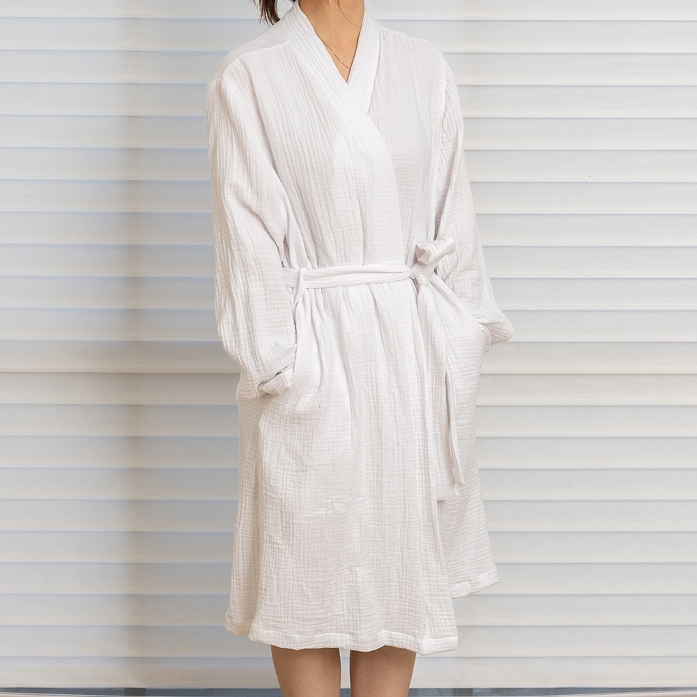 White Double-layer Cotton Gauze Kimono Neck Knee Length Waist Strap Bath Robe 1