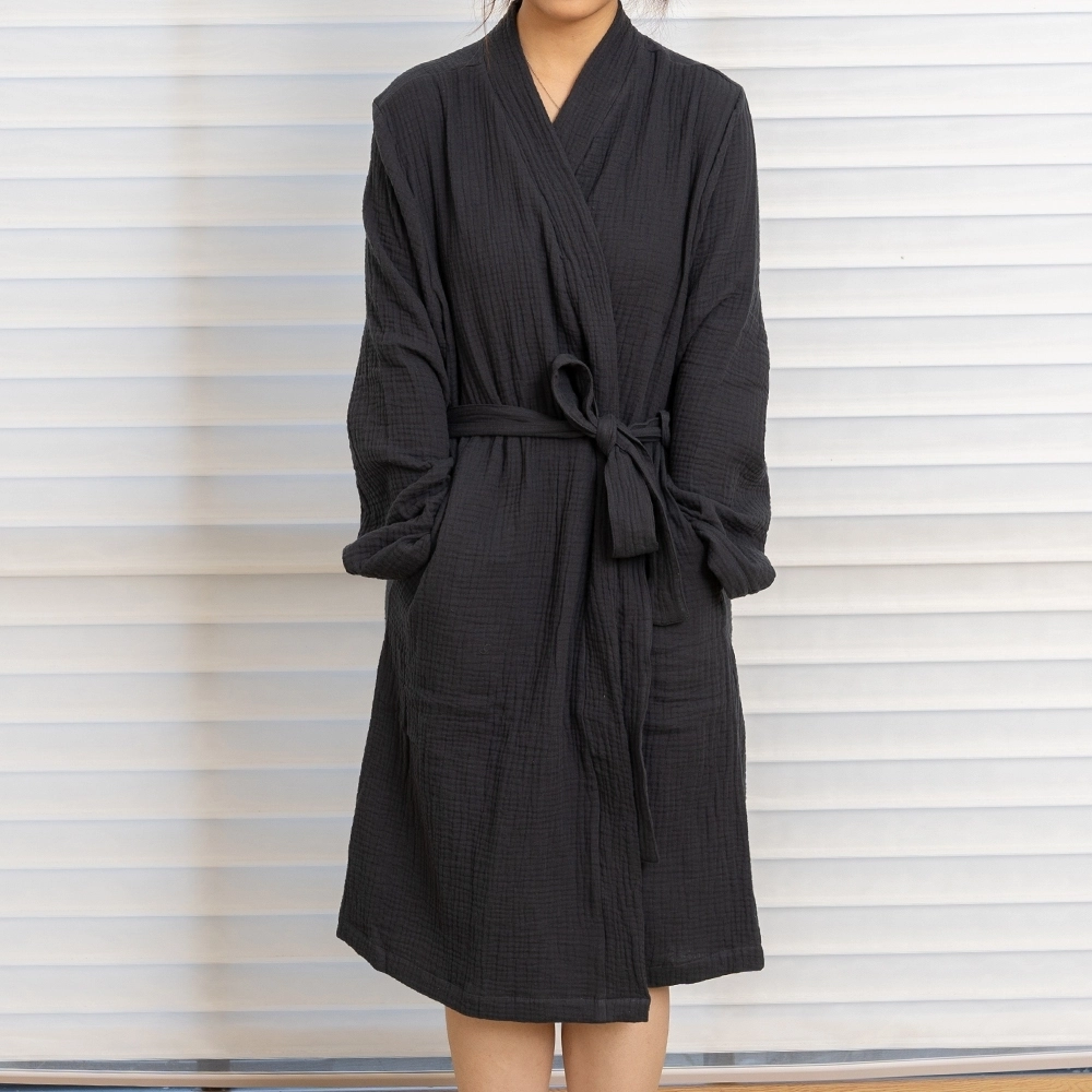 Double-layer Cotton Gauze Black V-Neck Waist Strap Women Bath Robe With Side Pocket 1