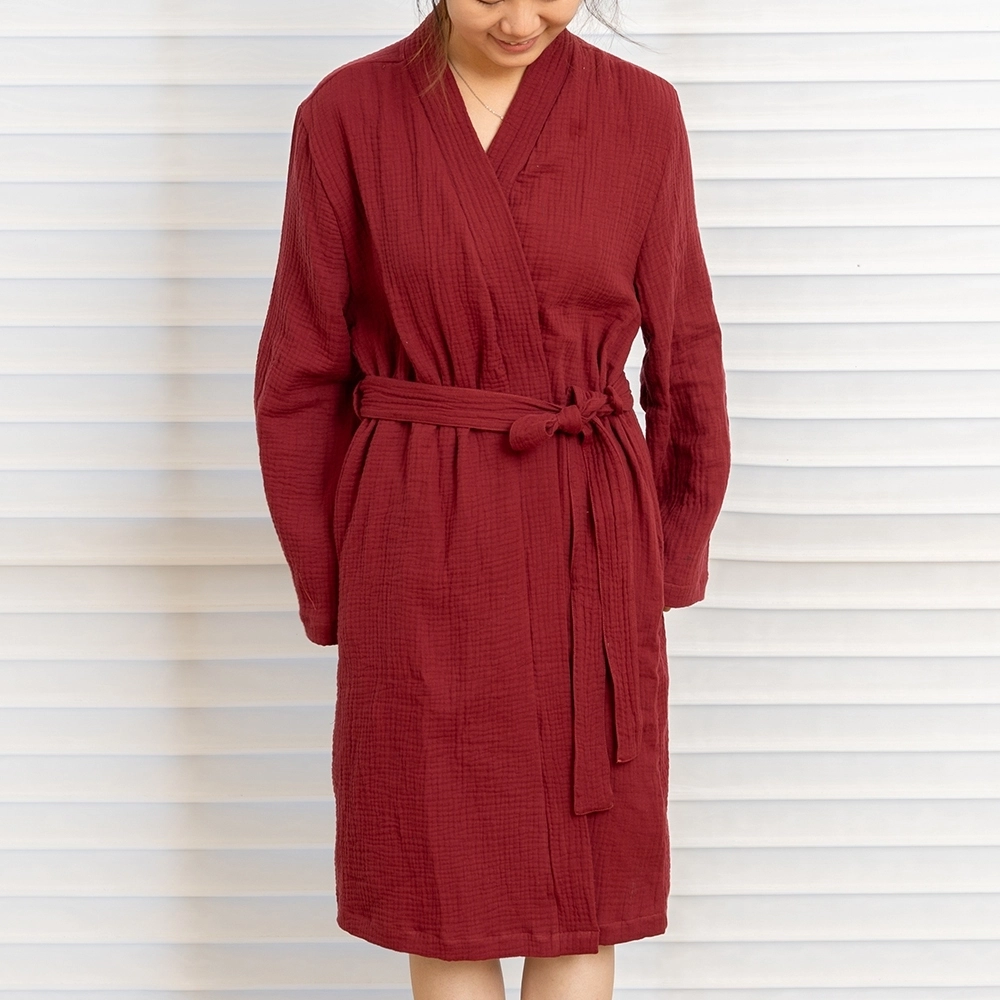 Luxury Double-layer Cotton Gauze Side Pocket Women Bath Robe with Adjustable Waist Strap 1