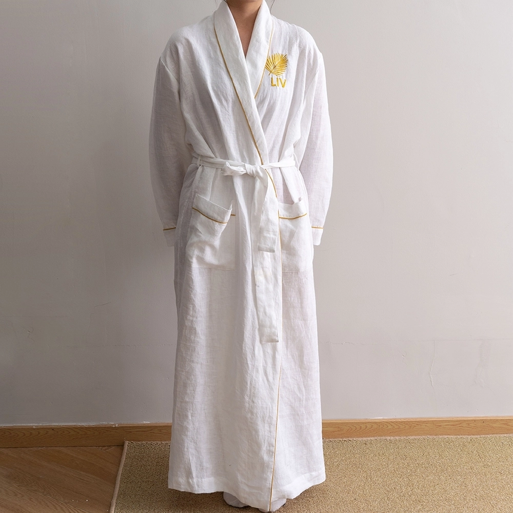 Hotel Luxury White Long Sleeve Maxi Length Embroidery Logo Women Bath Robe With Waist Belt 1