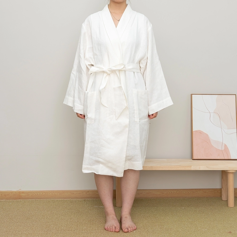 Casual White Long Sleeve Midi Length Solid Color Flax Linen Women Bath Robe 1
