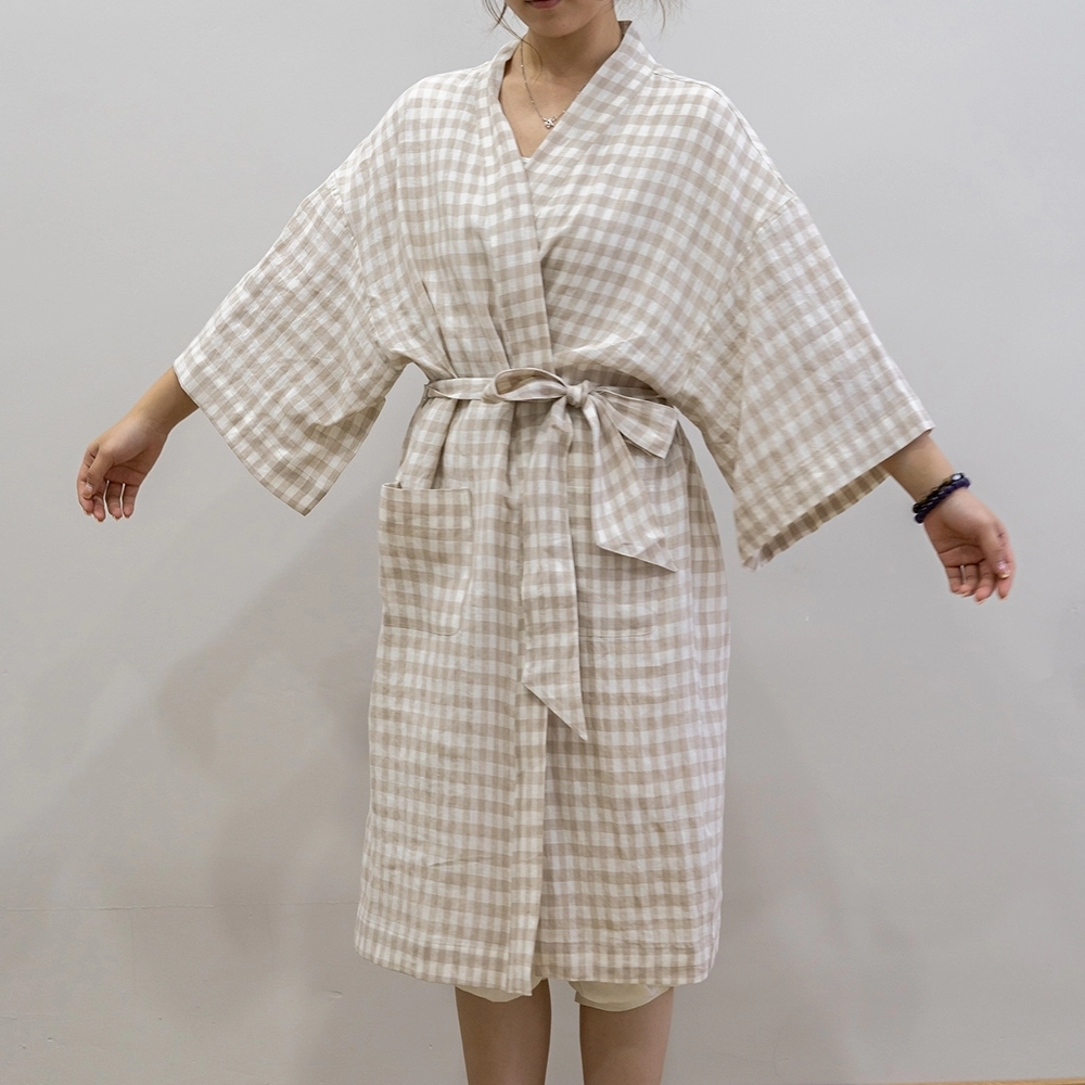 Natural Gingham Knee Length 100% Linen Fabric Women Bath Robe for Home Hotel 1