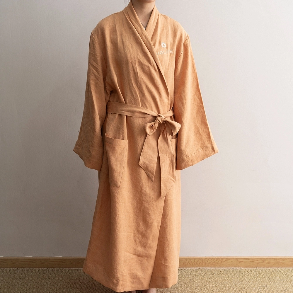 Luxury Design Pure Linen Hotel Long Style Women Bath Robe With Embroidery Logo 1