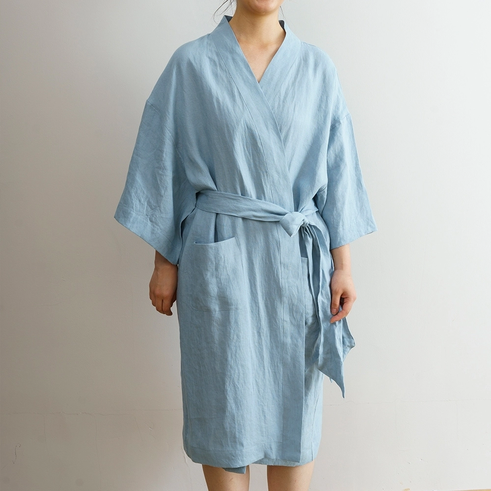 Home Hotel Spa Loose Plain Women Nightwear Long Sleeve Linen Kimono Robes 1