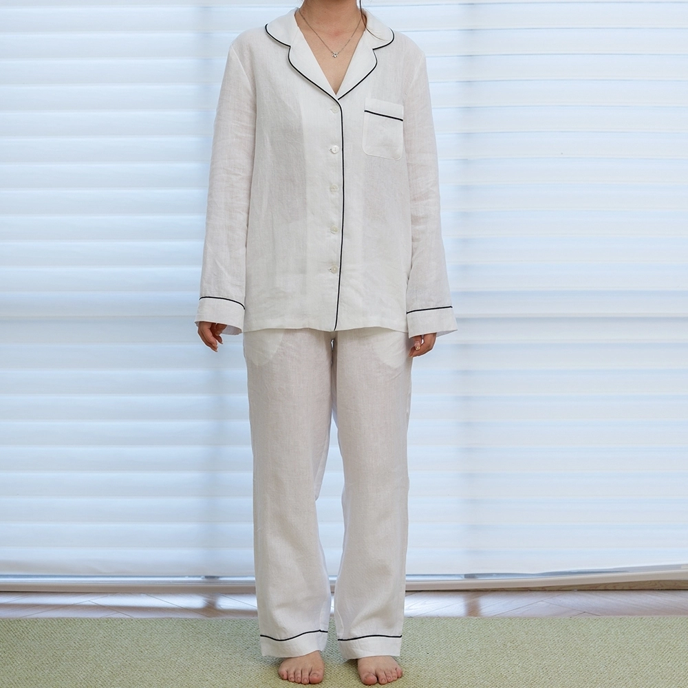 100% Linen Classic Design Unisex Summer Sleepwear Piping Pajamas Set for Men Women 1
