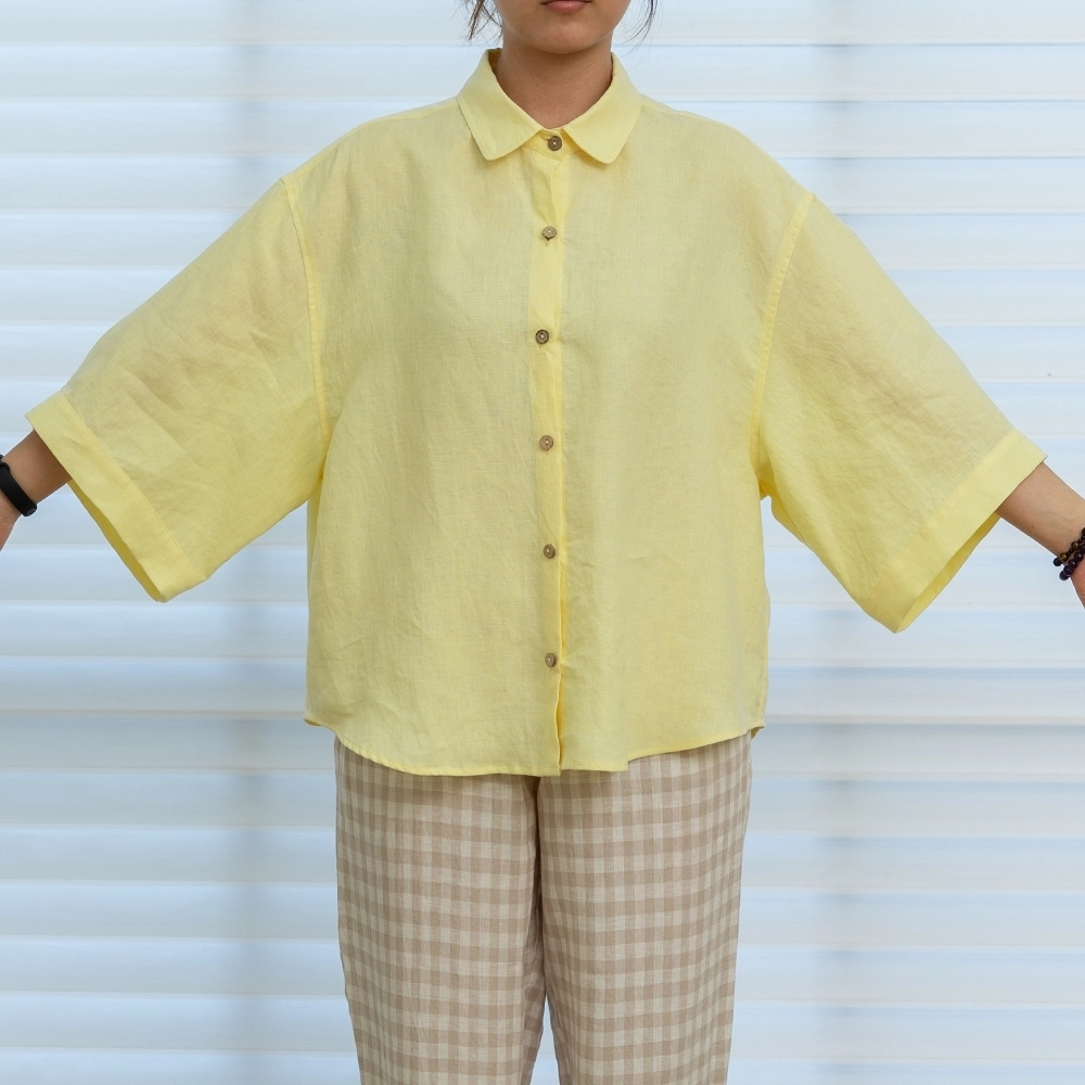 Custom Wood Button Down Top Simply Solid Yellow Pure 100% Linen Women Shirt 1