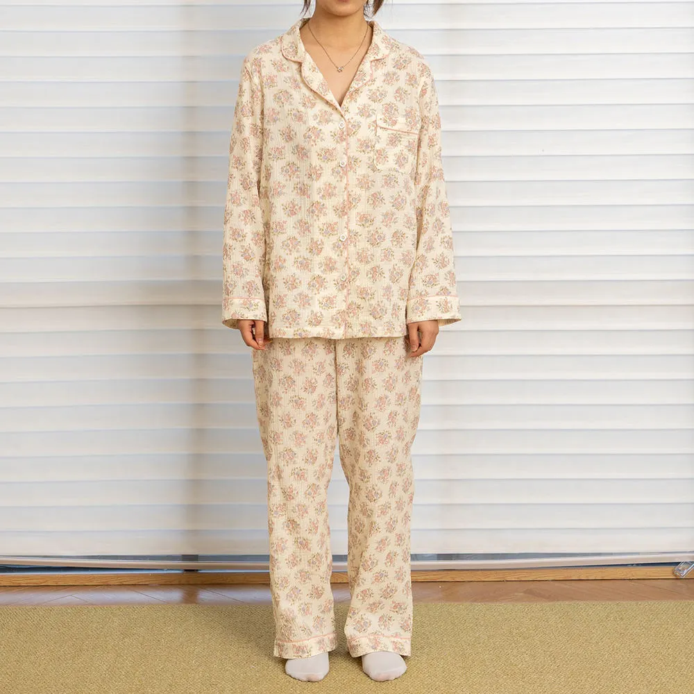 Casual Long Sleeve Printed Linen Cotton Loungewear Pajamas Sleepwear Set for Women 1