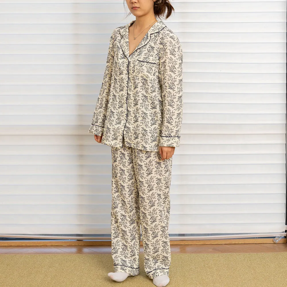 Custom Printed Lightweight Double-layer Cotton Gauze Pajamas Set with Floral Pattern 1