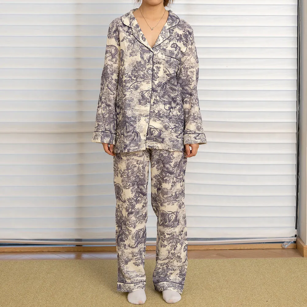 Luxury Classic Sustainable Breathable Printed Cotton Nightwear Pajamas Set for Home Use 1