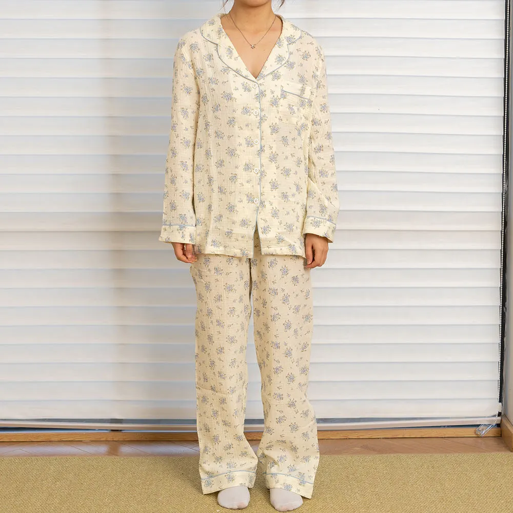Soft Washed Floral Print Long Sleeve Cotton Sleepwear Pajamas Set for Women 1