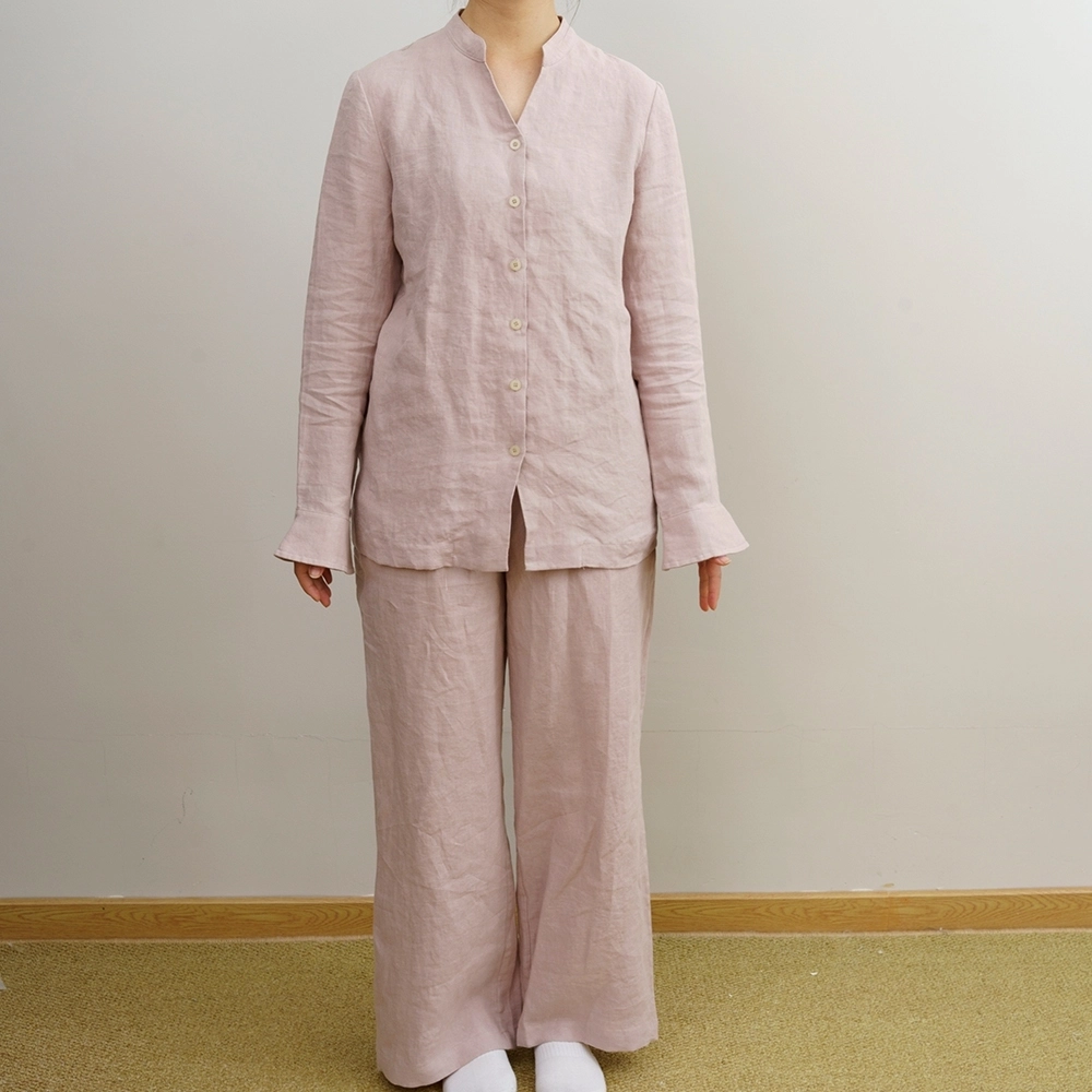 Solid Color Luxury Notched Neck Loungewear Flax Linen Women Pajamas Set for Home 1