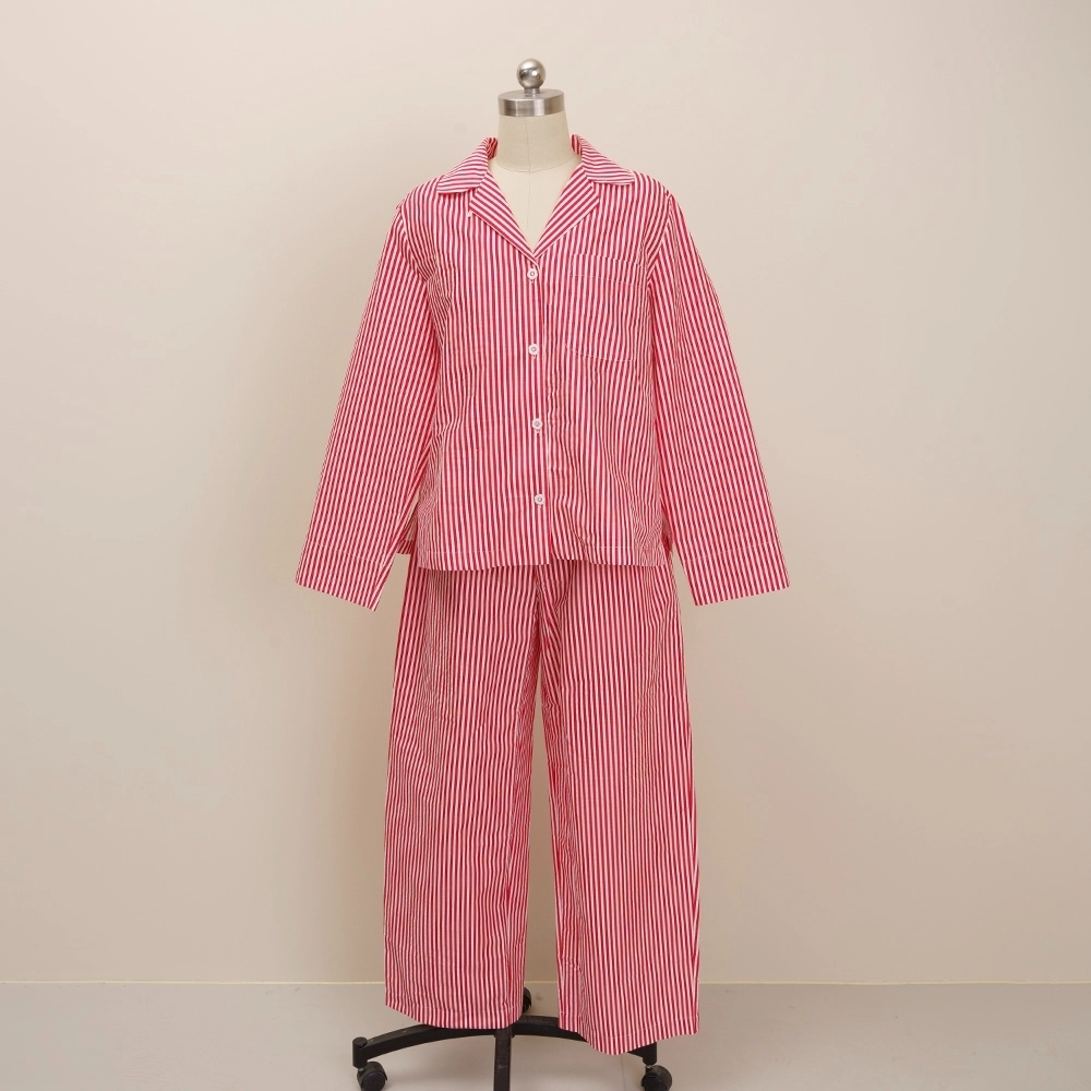 Custom Size Long Sleeve Red Stripe 2 Piece Loungewear Linen Drawstring Pajamas Set 1