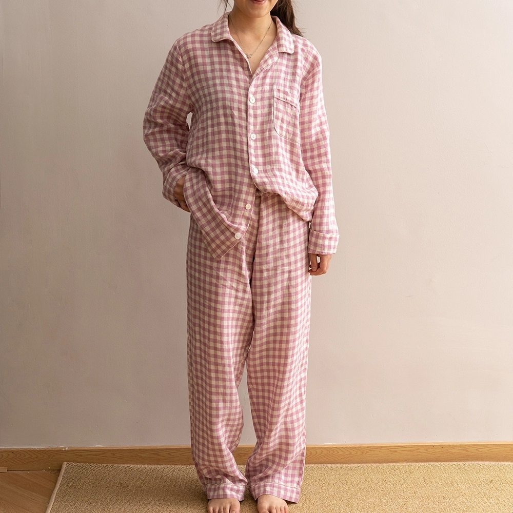 Unisex Spring Autumn Pajamas 100% Linen Turn-down Collar Nightwear Sleepwear Set 1