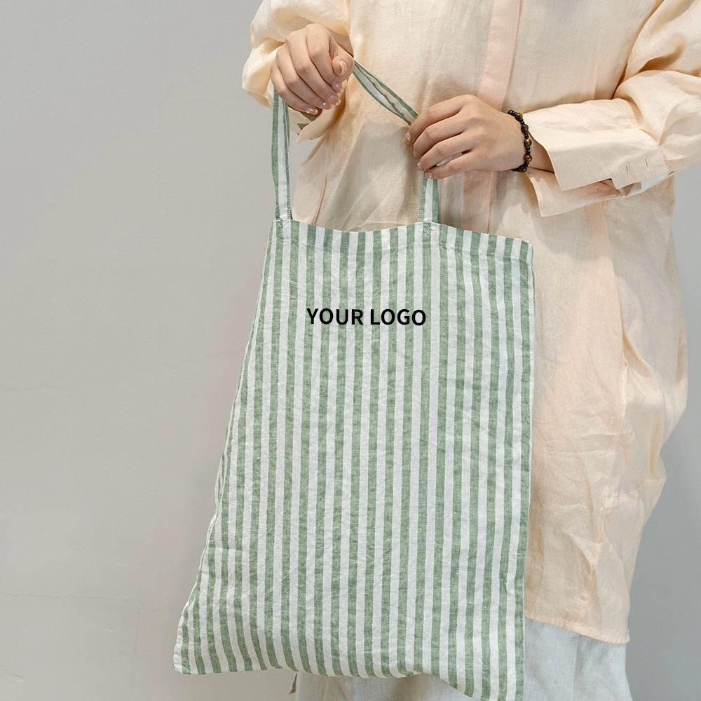 Custom Large Linen Stripe Gingham Tote Bag Shoulder Shopping Bag with Printed logo 1