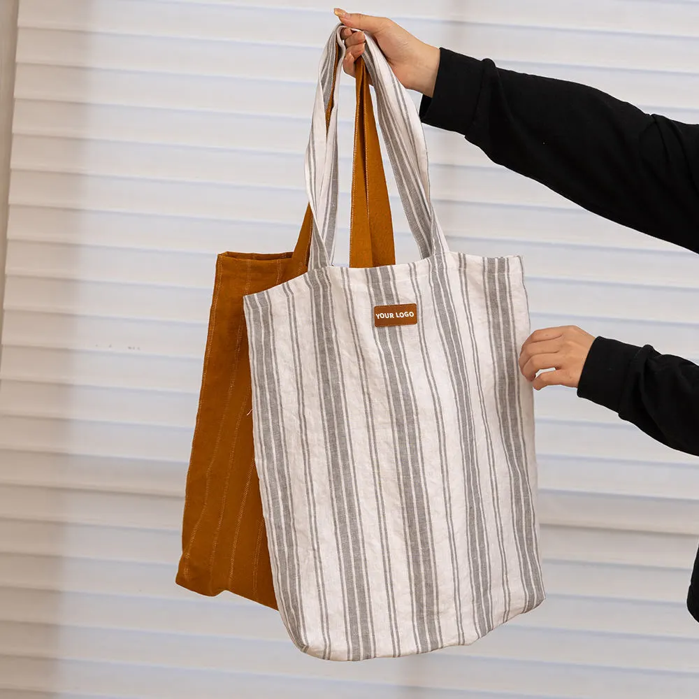 Custom logo Plain Stripe Natural Recycled Linen Fabric Women Shopping Tote Bag 1