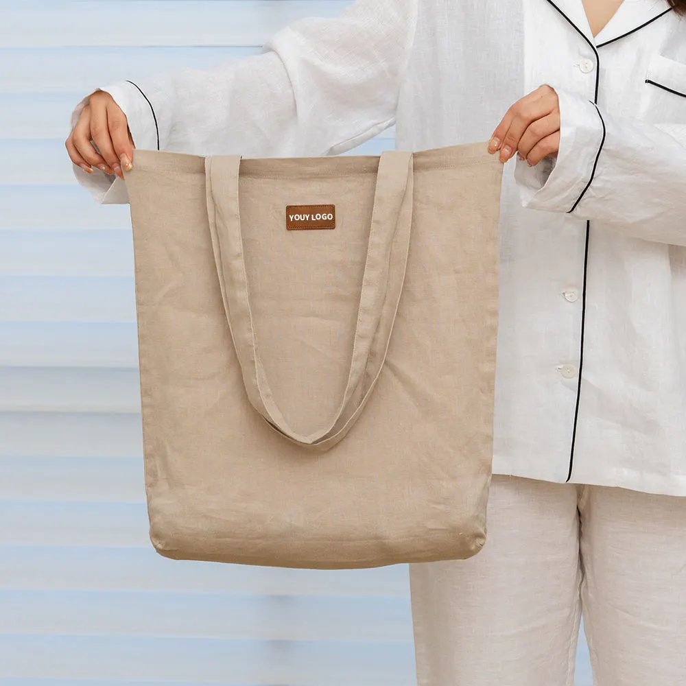 Custom Lightweight Leather Patch Washable Eco-Friendly Natural Linen Tote Shopping Bag 1