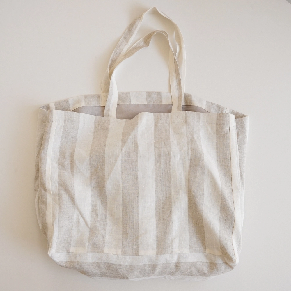 Organic Large Size Stripe Double Layer Women Flax Linen Shopping Tote Bag with Inside Pocket 1