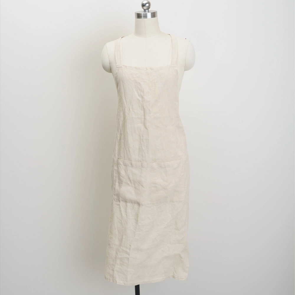 Solid Color Kitchen Hanging Neck Apron Adjustable Pure Linen Fabric Bib Apron with Pocket 1