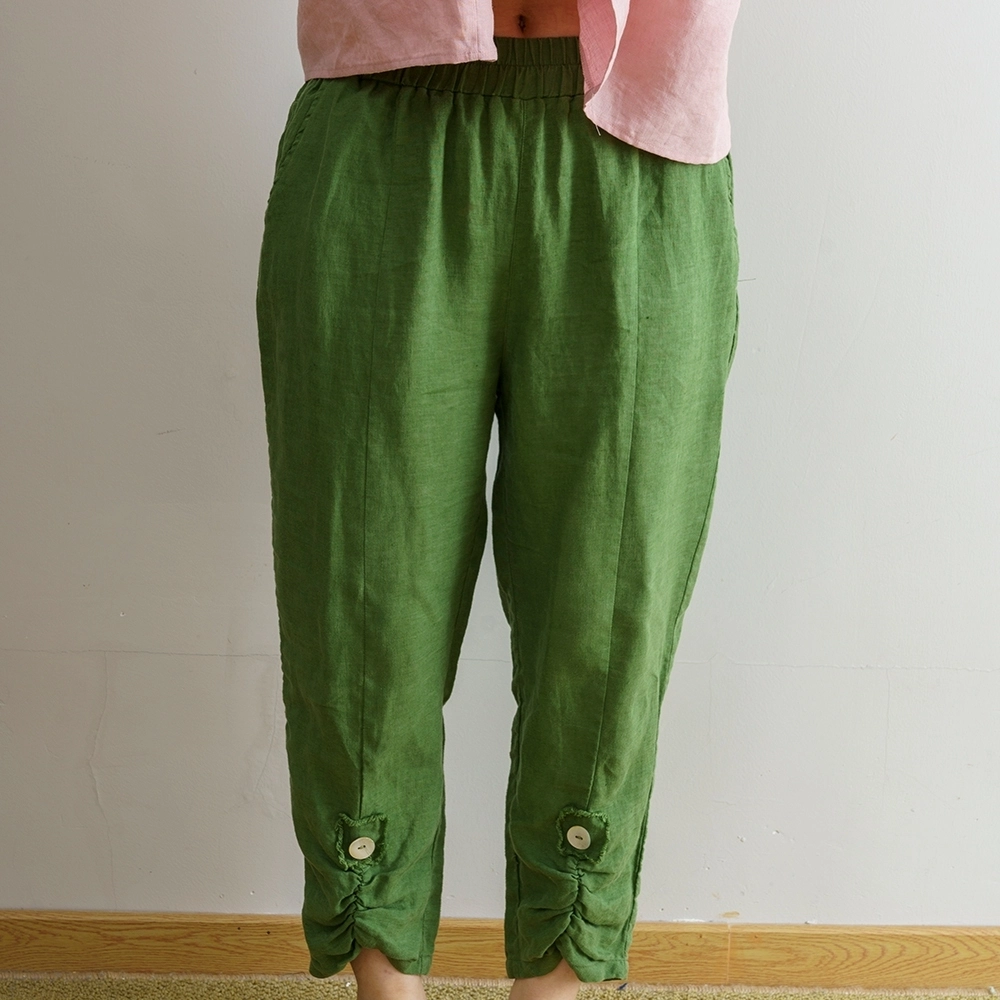 Summer Green Elastic Waist Ankle Length Green Flax French Linen Women Harem Pants 1