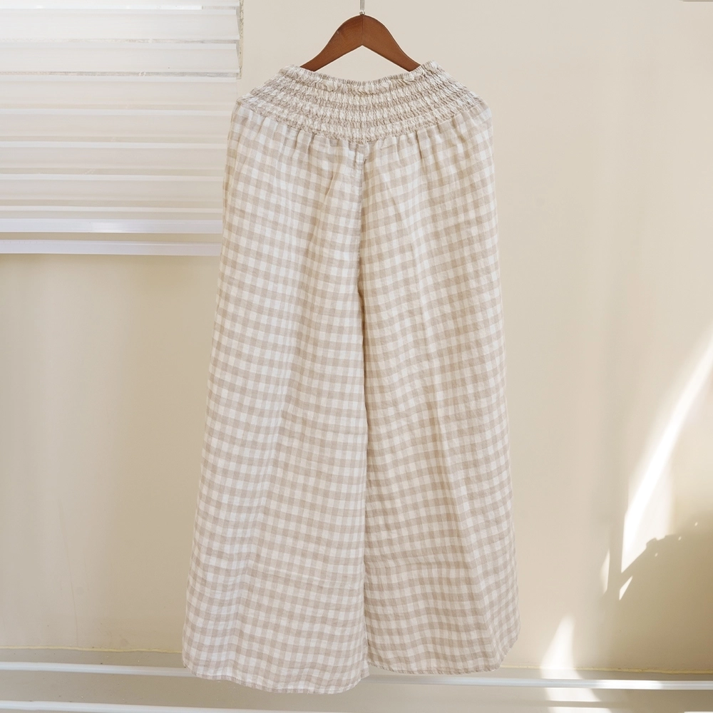 Daily Wear Natural Gingham Wide Waist Band Soft Trousers Linen Fabric Loose Women Pants 1