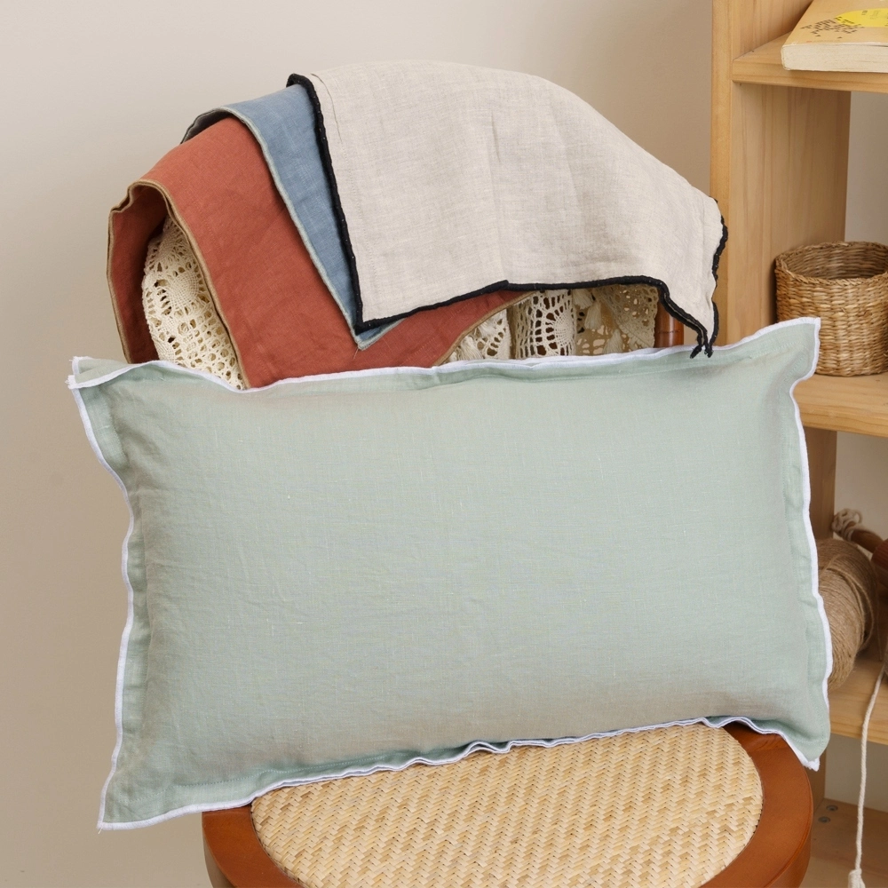 Solid Color Double Piping Edge  Pure Linen Pillowcase with Zipper 1