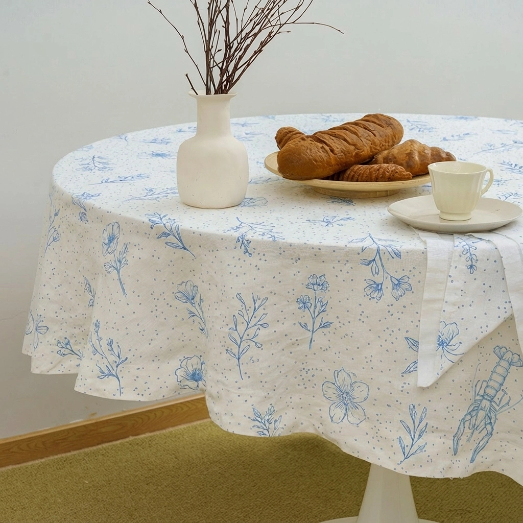 Flax Linen Printed Logo 5cm Roll Hem Round Tablecloth 1