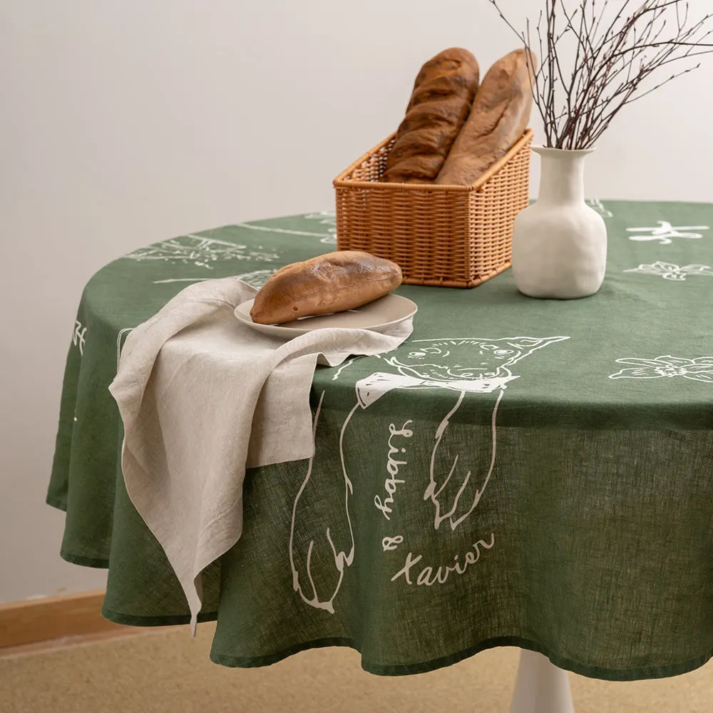 Custom Printed Green Round  Linen Tablecloths For Home Decor 1