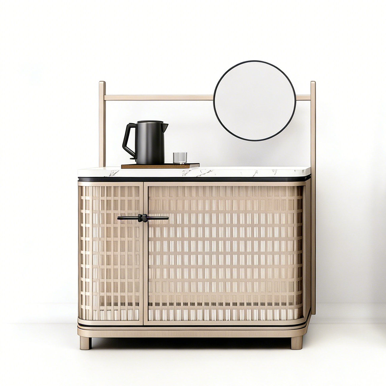 Hotel Guest Room Mini Bar Cabinet - Marble Top with Rattan Door | Luxury Modern Hotel Room Furniture M-1003 1