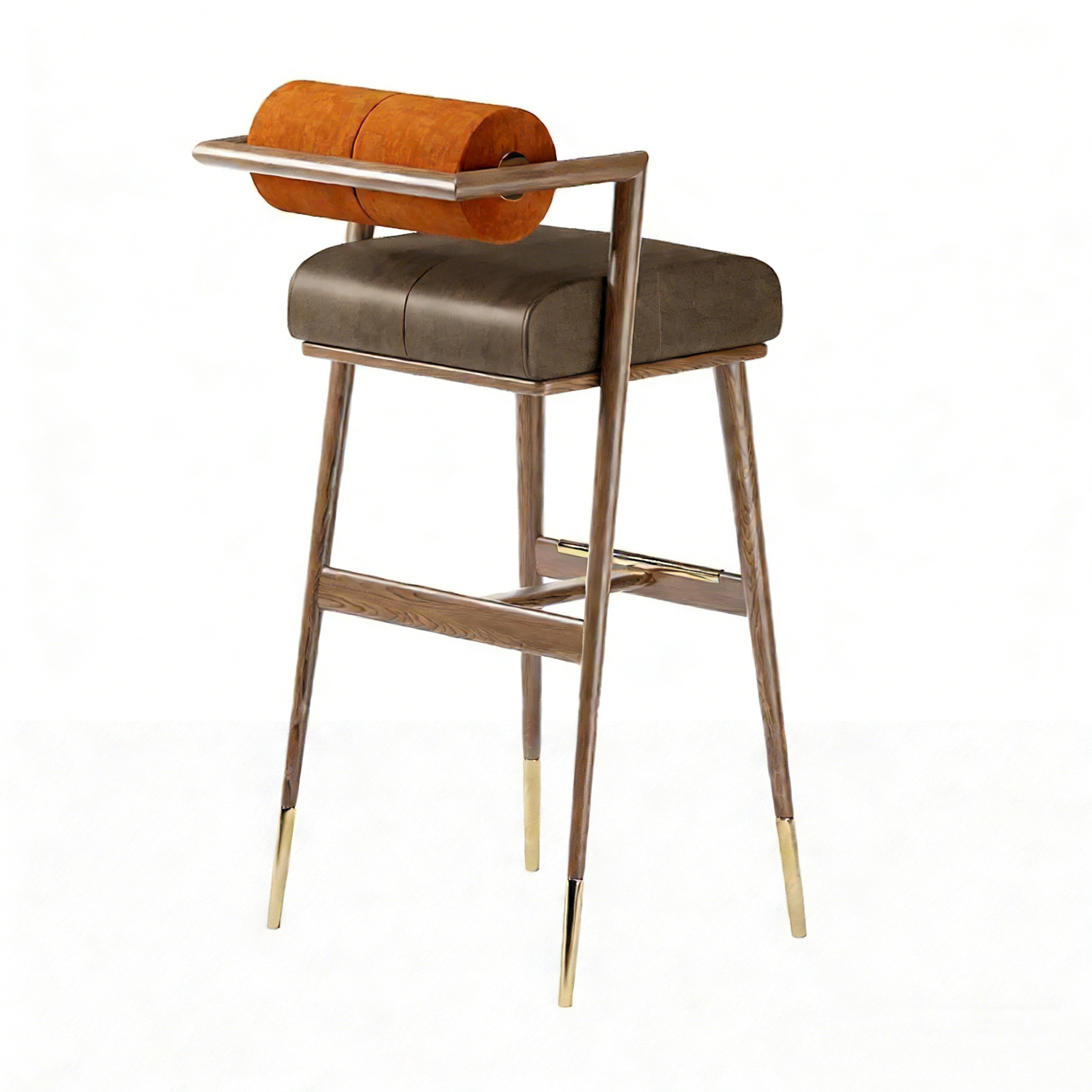 Hotel Bar Chair - Leather Upholstered with Wood Frame & Brass Feet | Luxury Hotel Seating Furniture E-1003 1