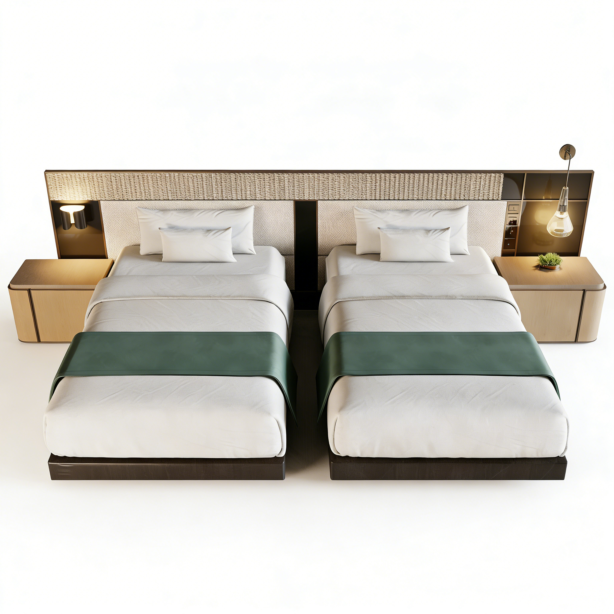 Hotel Twin Bed Set - Upholstered Headboard with Nightstands | Luxury Modern Hotel Room Furniture B-1004 1