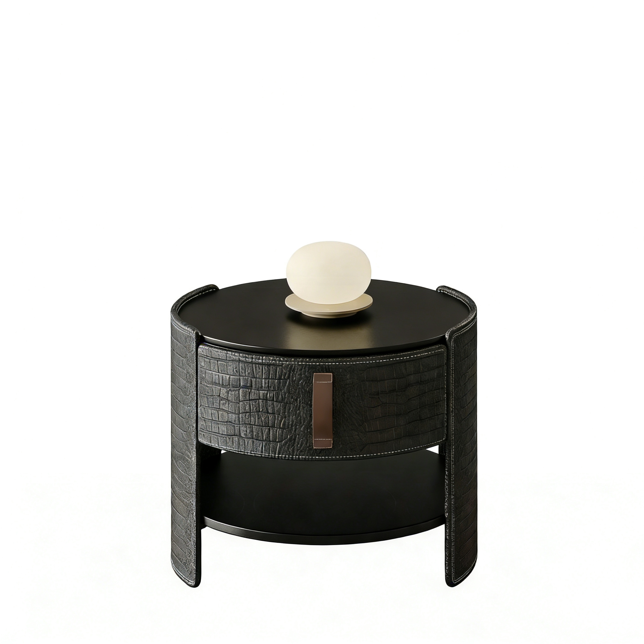 Hotel Round Nightstand - Crocodile Leather with Wood Shelf & Metal Accent | Luxury Hotel Room Furniture A-1006 1