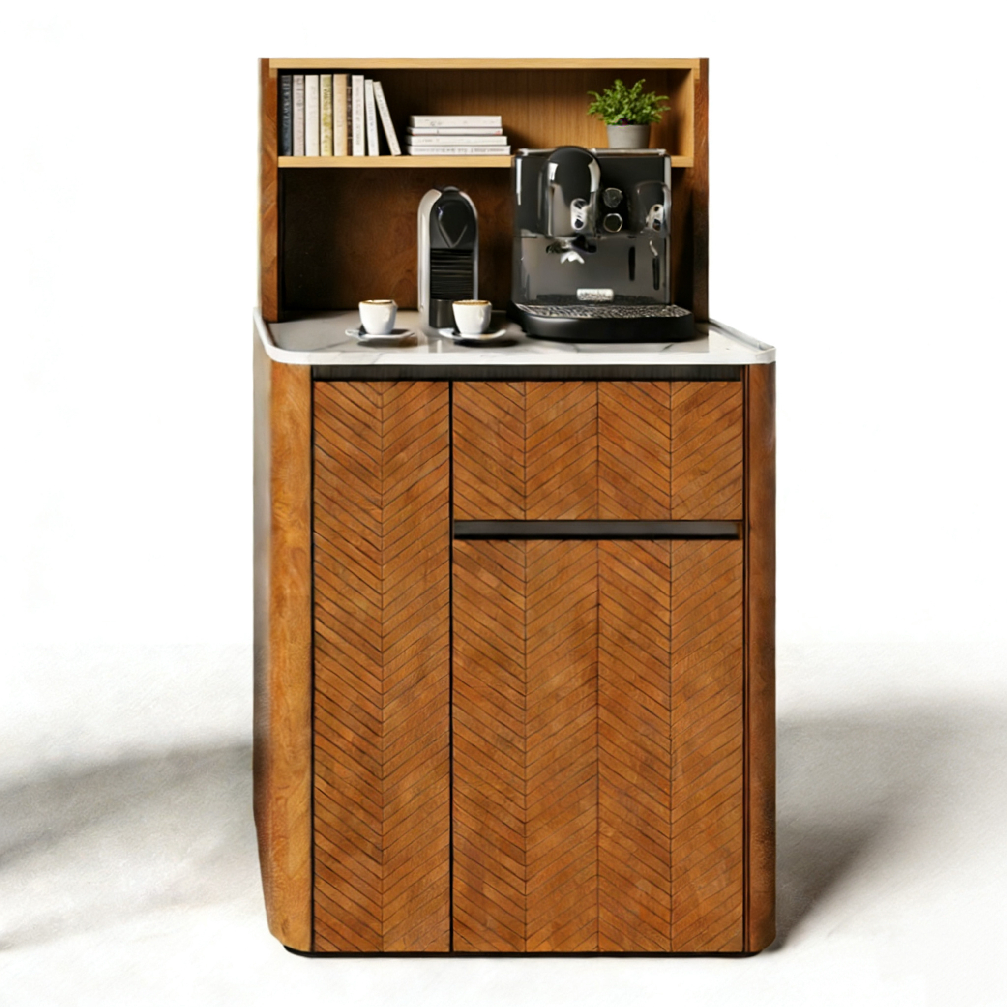 Hotel Mini Bar Cabinet - Herringbone Wood & Marble Top | Luxury Modern Hotel Room Furniture M-1008 1